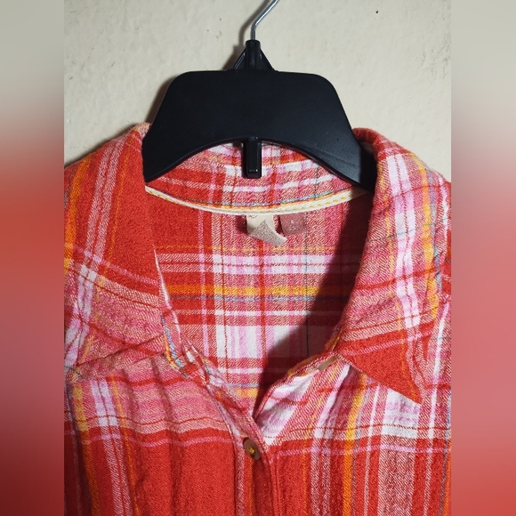 Pilcro Top Orange Plaid Soft Button Down Tunic Boho Fall - Picture 3 of 16